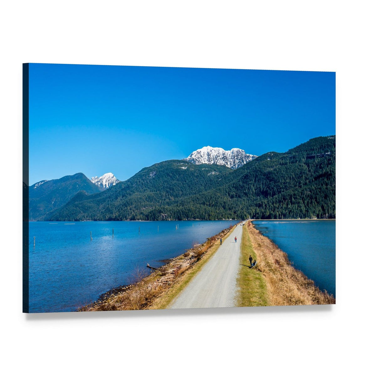 Dirt Road by Lake and Snow-capped Peaks Canvas Wall Art, single panel gallery wrapped canvas, angled product view