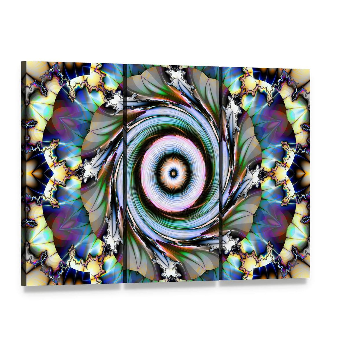 Concentric Blue Purple Mandala Canvas Wall Art, 3 panel 3 Horizontal layout gallery wrapped canvas set, angled product view
