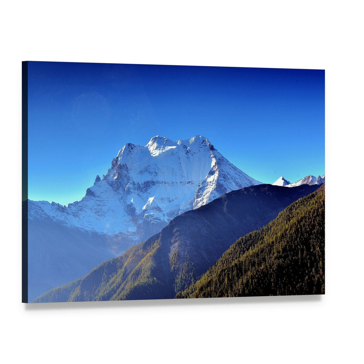Sunlit Snow-capped Mountain Canvas Wall Art, single panel gallery wrapped canvas, angled product view