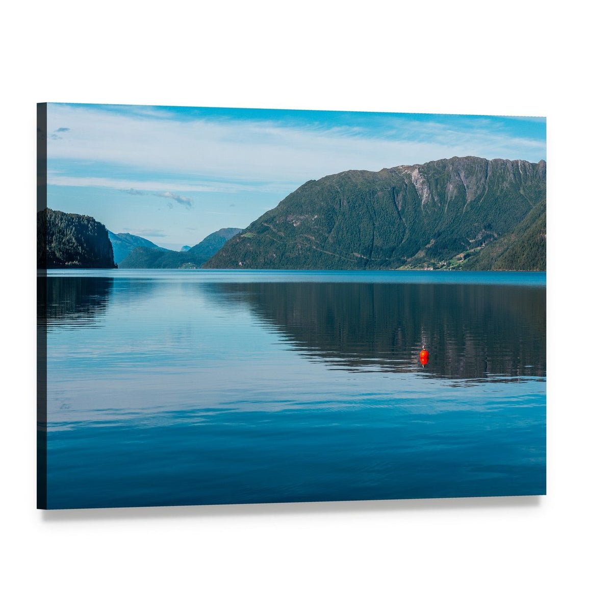 Fjord View with Mountains and Lake Canvas Wall Art, single panel gallery wrapped canvas, angled product view