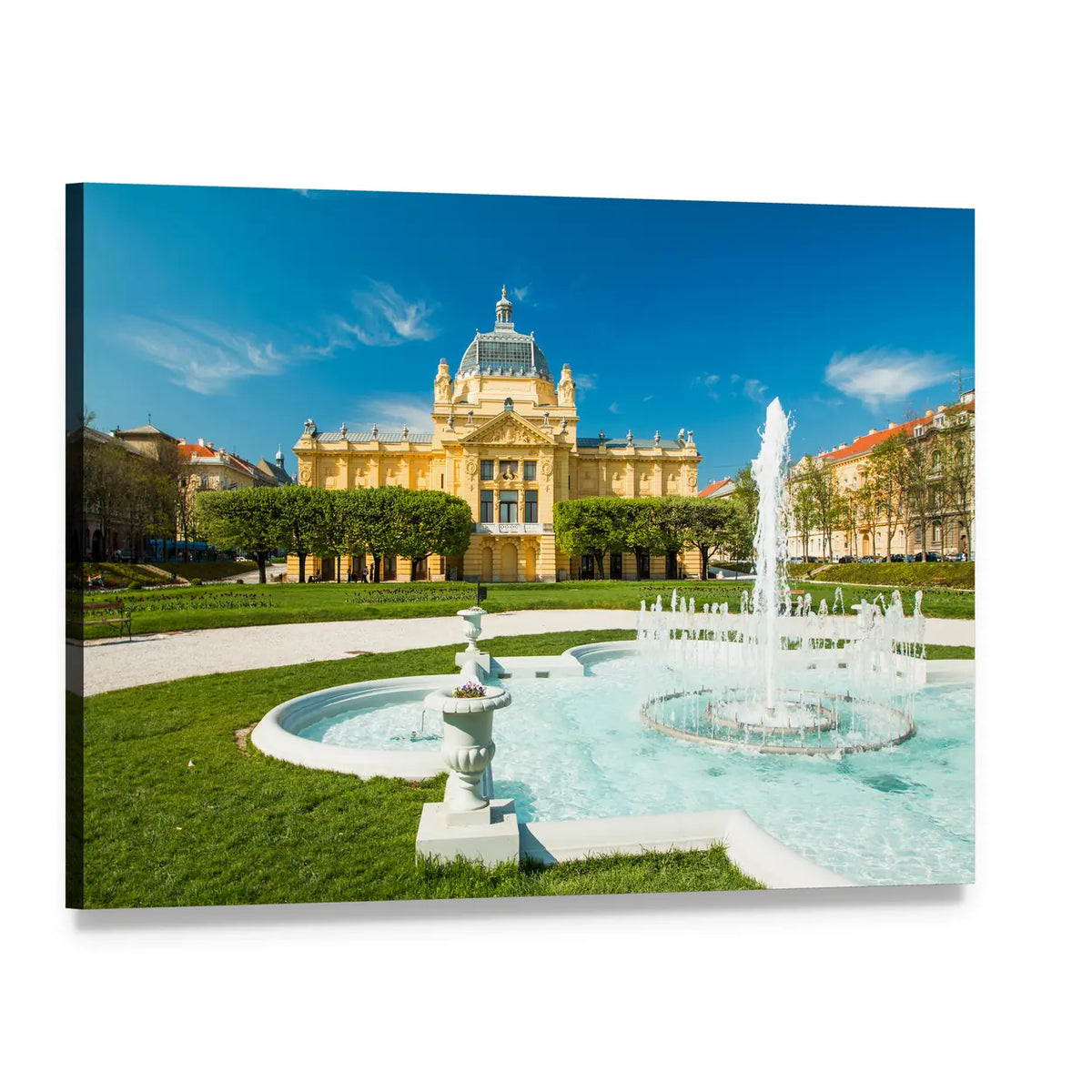 Pavilion and Fountain in Zagreb Canvas Wall Art, single panel gallery wrapped canvas, angled product view