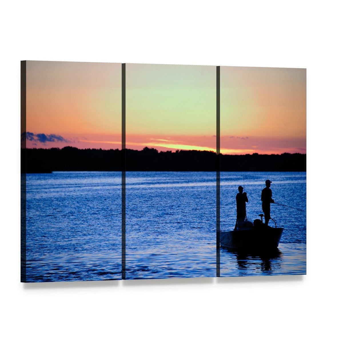 Fishing at Sunset in Wisconsin Canvas Wall Art, 3 panel 3 Horizontal layout gallery wrapped canvas set, angled product view