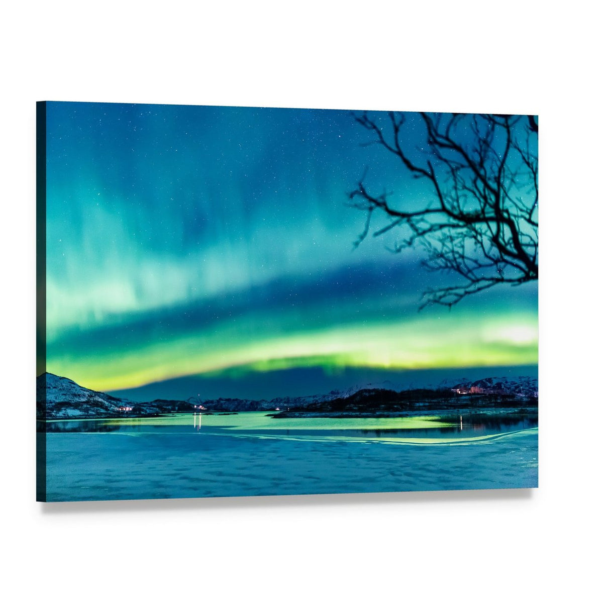 Aurora Over Mountain Lake Canvas Wall Art, single panel gallery wrapped canvas, angled product view