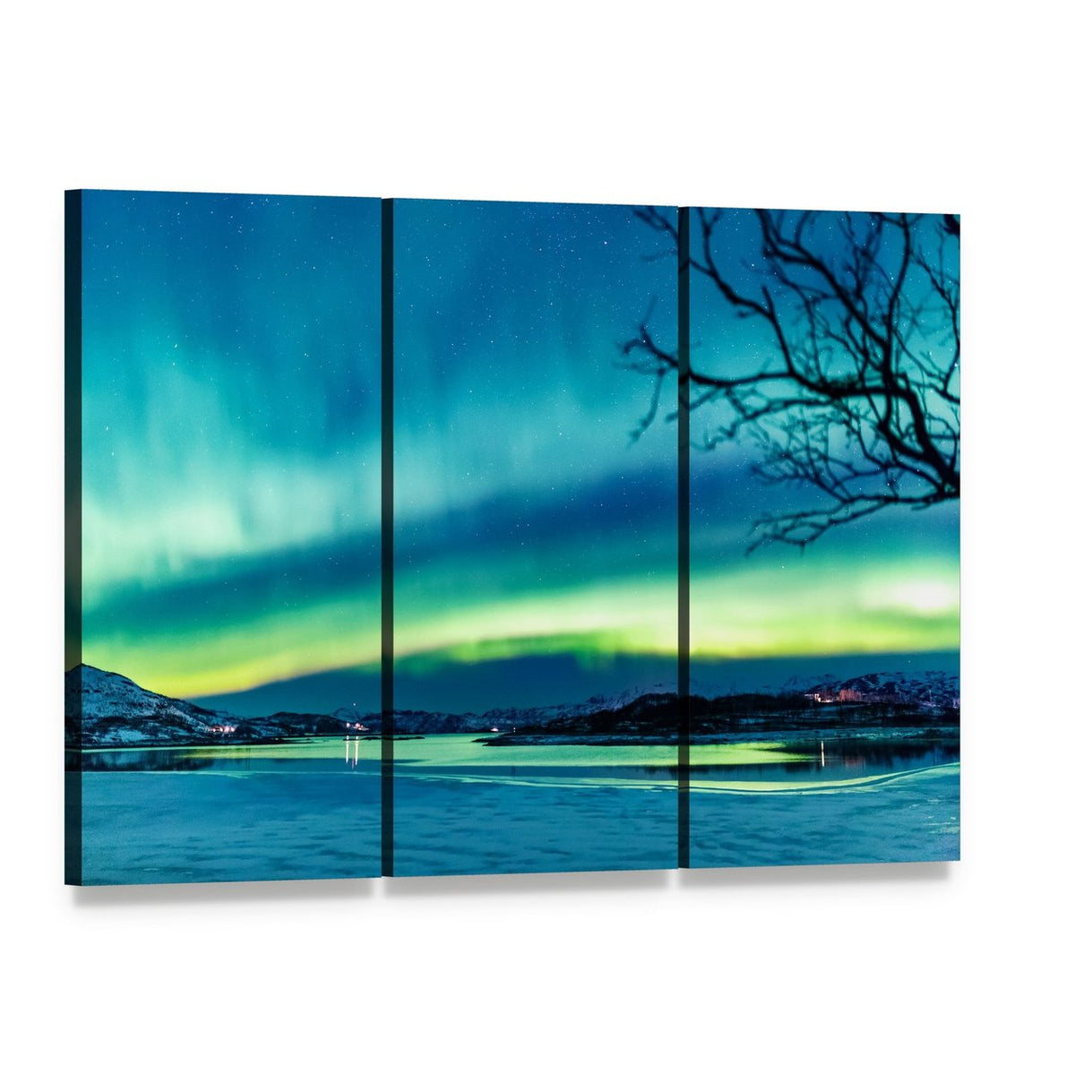 Aurora Over Mountain Lake Canvas Wall Art, 3 panel 3 Horizontal layout gallery wrapped canvas set, angled product view