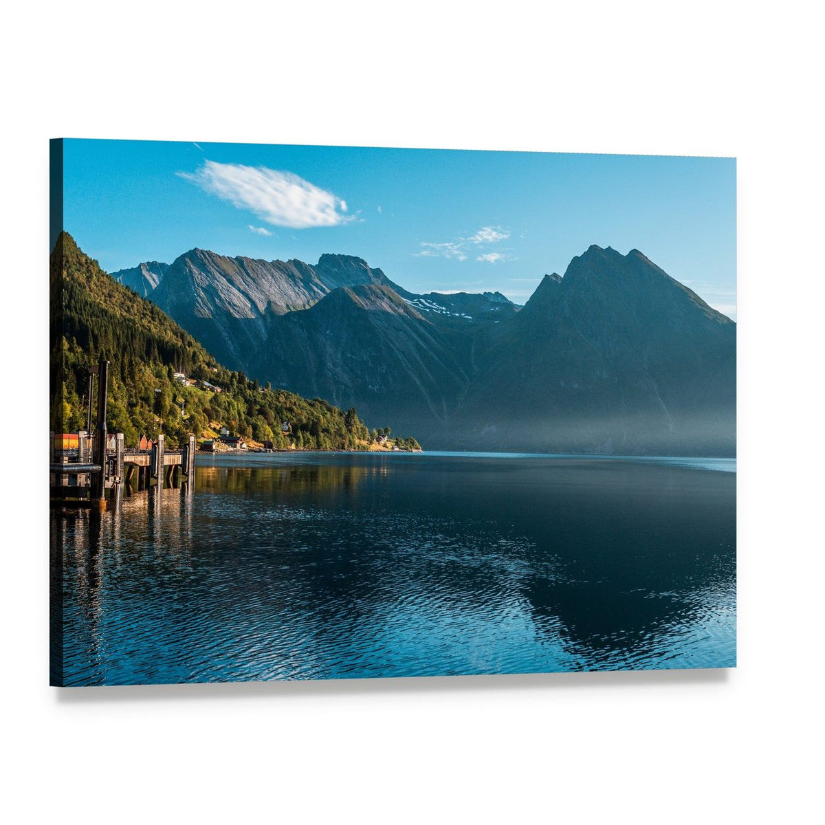 Fjord with Pier and Mountains Canvas Wall Art, single panel gallery wrapped canvas, angled product view