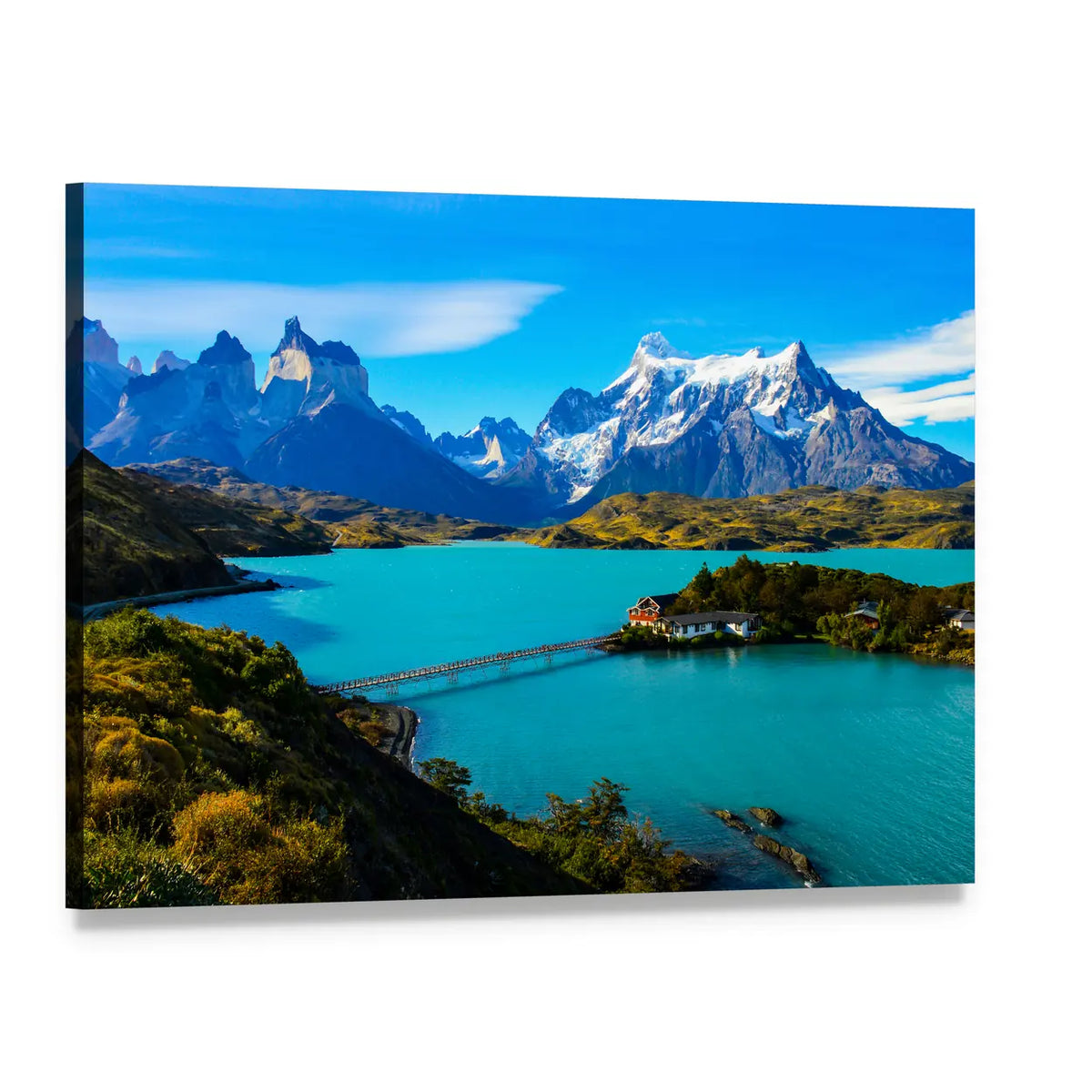Turquoise Lake Beneath Snow-capped Peaks in Iceland Canvas Wall Art, single panel gallery wrapped canvas, angled product view