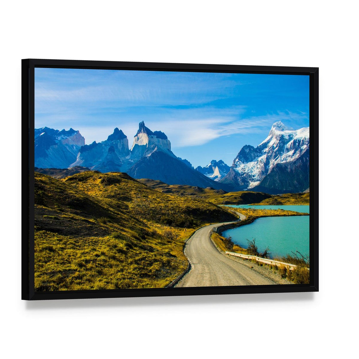 Green Mountain, Turquoise Lake, Snow-capped Peak Canvas Wall Art, framed canvas in a black floater frame, angled product view
