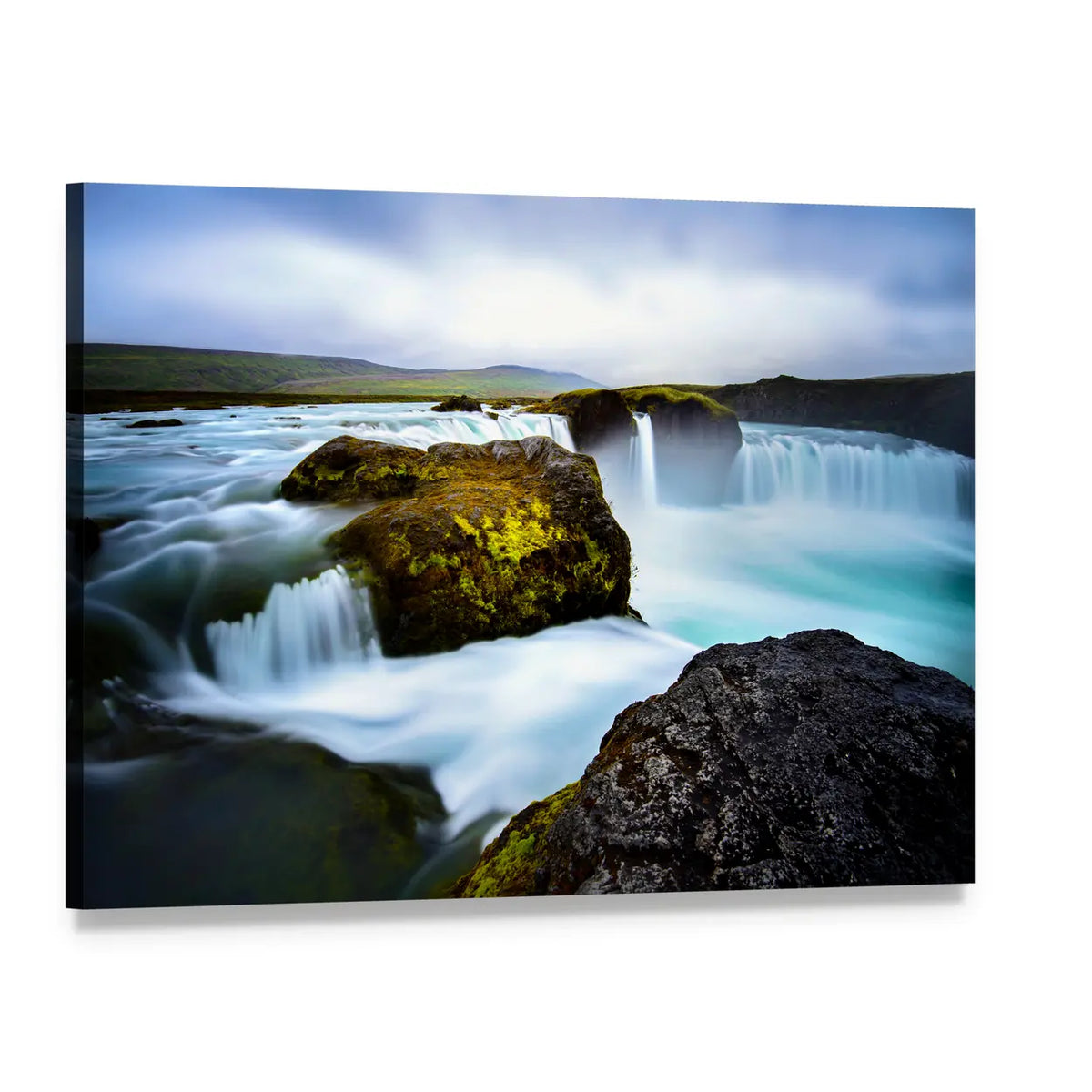 Long Exposure Iceland Waterfall with Mossy Rocks Canvas Wall Art, single panel gallery wrapped canvas, angled product view