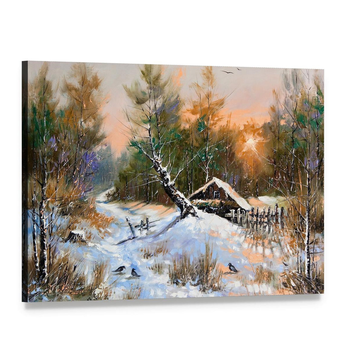 Winter Landscape at Sunset Canvas Wall Art, single panel gallery wrapped canvas, angled product view