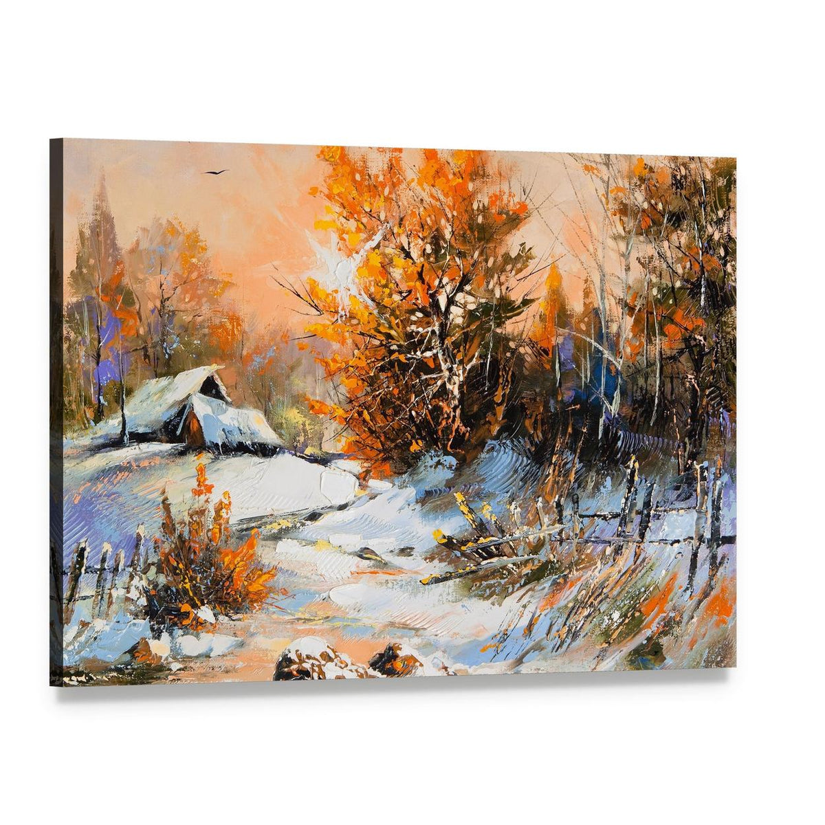 Rural Winter Landscape Canvas Wall Art, single panel gallery wrapped canvas, angled product view