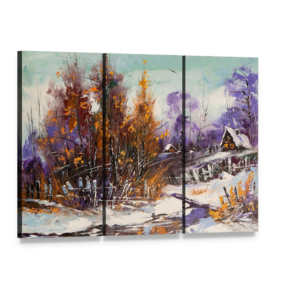 Winter Village Scene Canvas Wall Art, 3 panel 3 Horizontal layout gallery wrapped canvas set, angled product view
