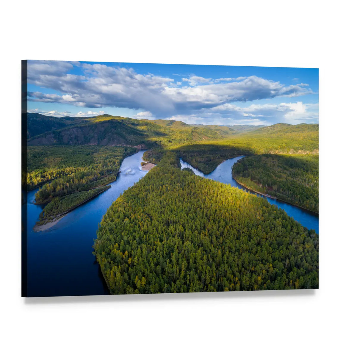 Two Rivers Meeting in Sunlit Forest Canvas Wall Art, single panel gallery wrapped canvas, angled product view