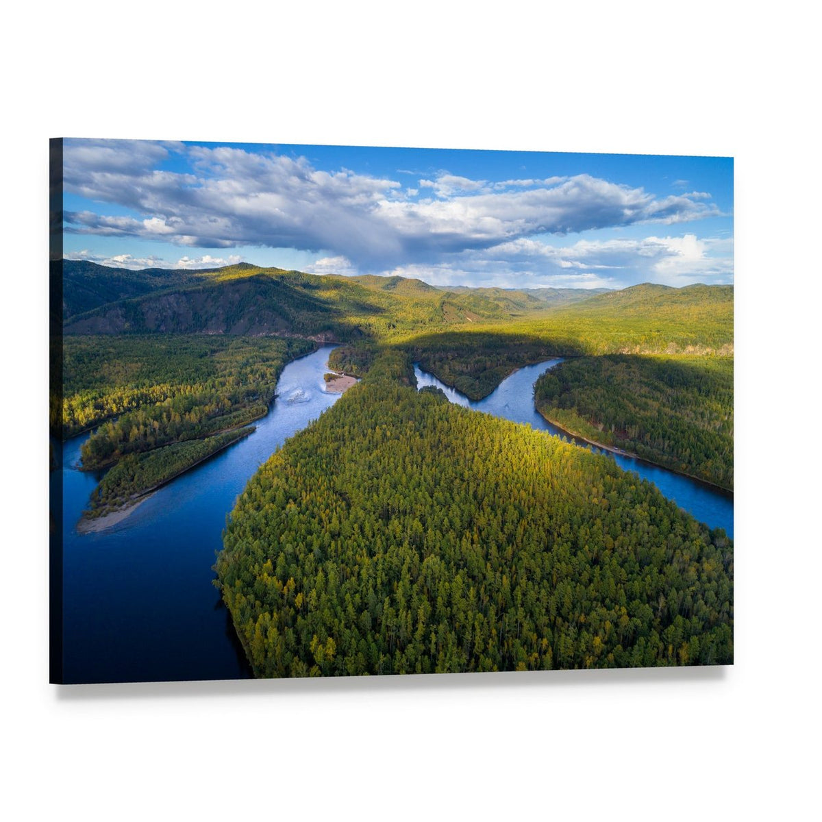 Winding River and Forest Canvas Wall Art, single panel gallery wrapped canvas, angled product view