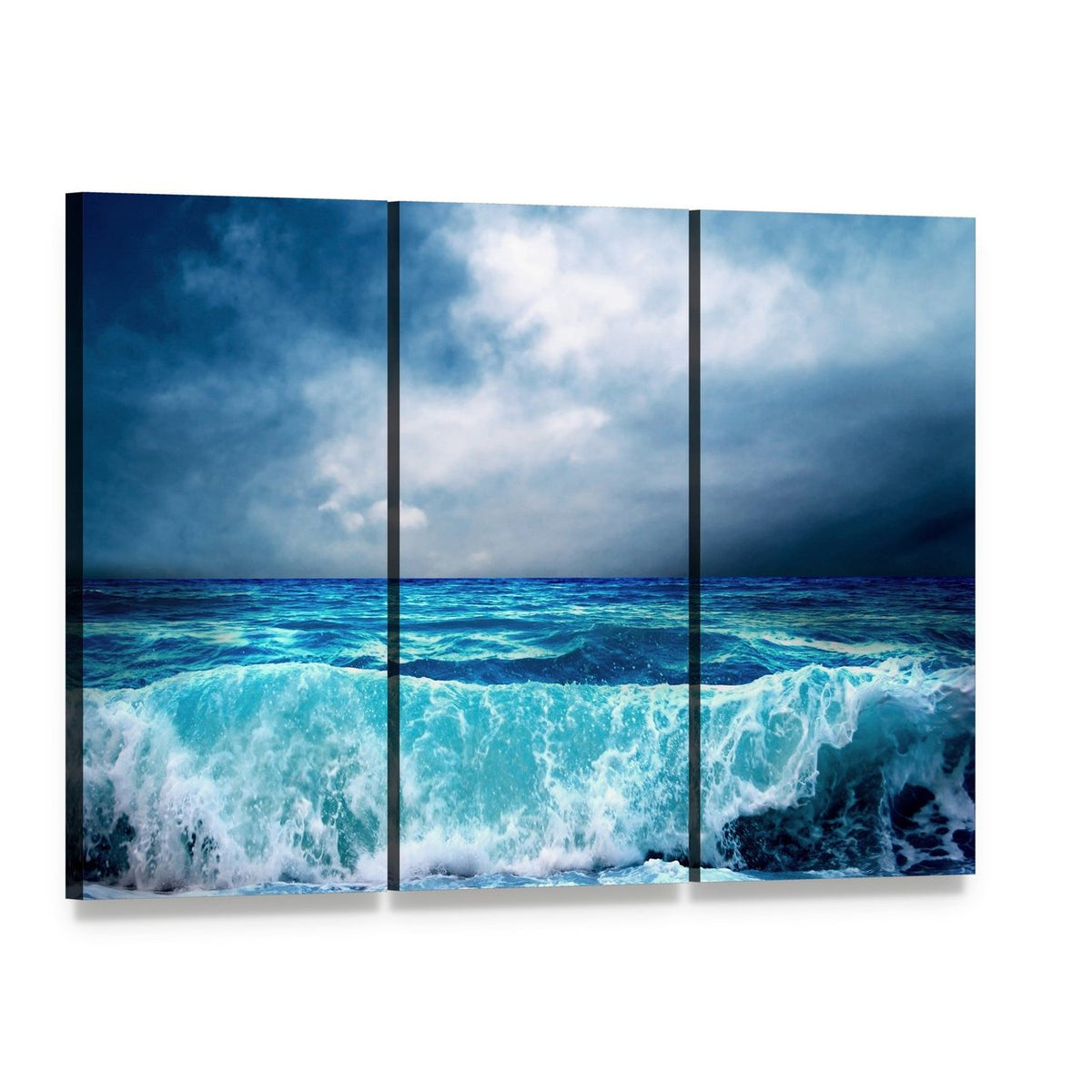 Strong Storm Seascape Canvas Wall Art, 3 panel 3 Horizontal layout gallery wrapped canvas set, angled product view