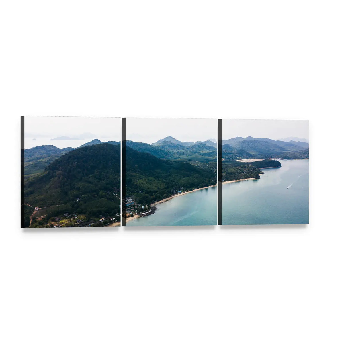Aerial View of Lush Turquoise Coastline Panoramic Canvas Wall Art, 3 panel 3 Piece layout gallery wrapped canvas set, angled product view