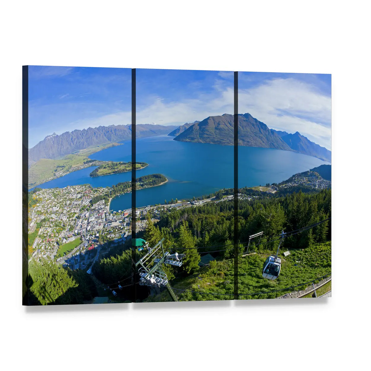 Aerial View of Queenstown and Lake Wakatipu Canvas Wall Art, 3 panel 3 Horizontal layout gallery wrapped canvas set, angled product view