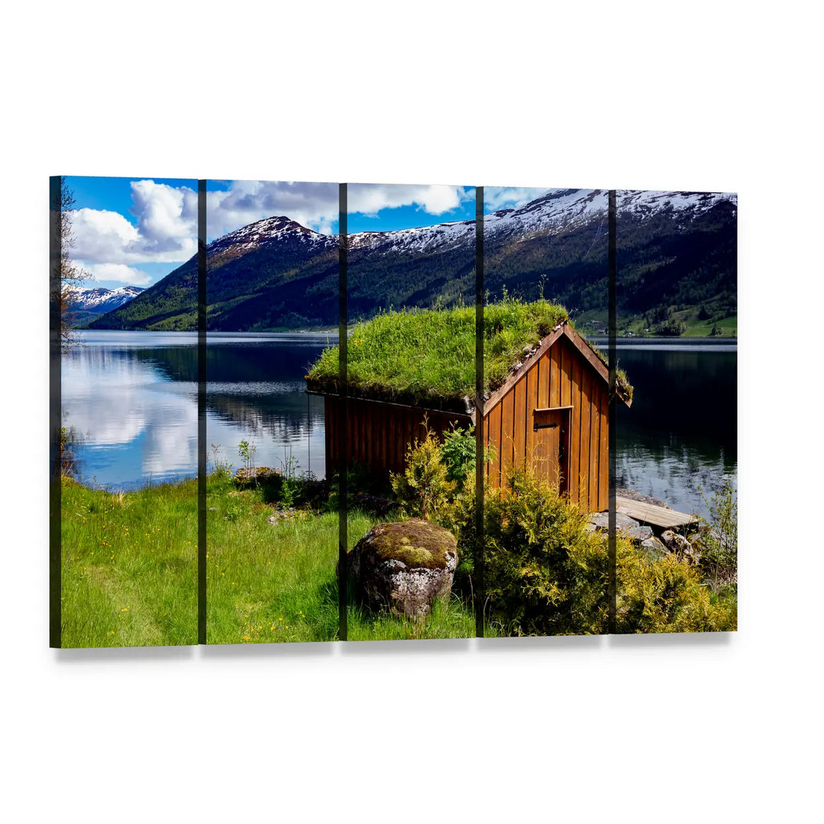 Norwegian Lakeside Hut with Sod Roof Canvas Wall Art, 5 panel 5 Horizontal layout gallery wrapped canvas set, angled product view