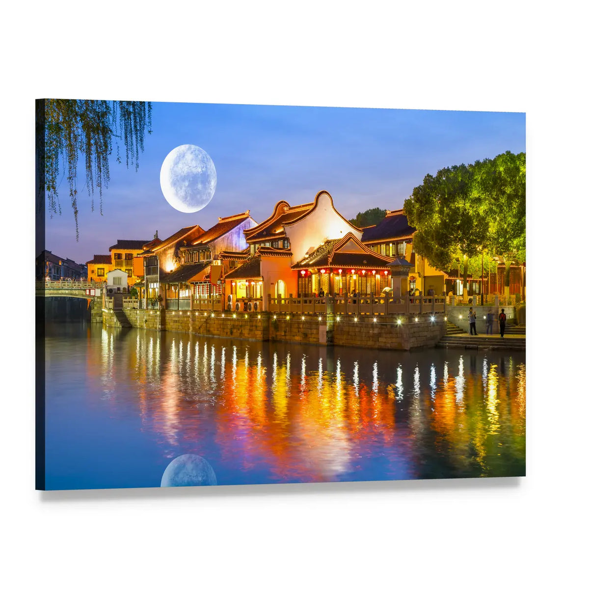 Suzhou Ancient Town Night Scene Canvas Wall Art, single panel gallery wrapped canvas, angled product view