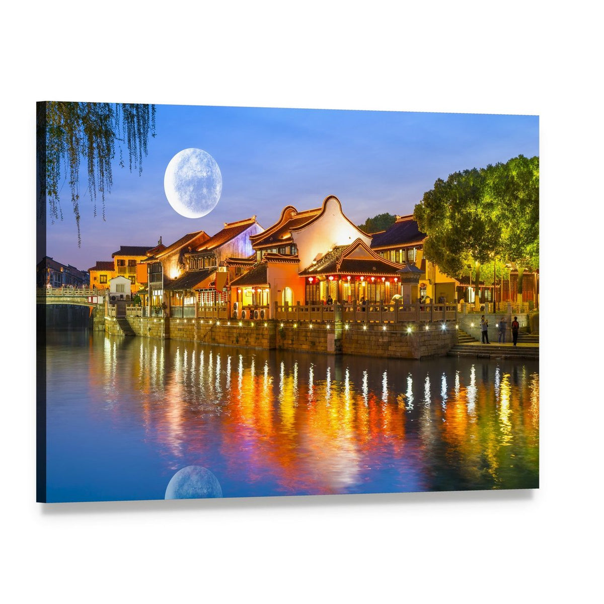 Suzhou Ancient Town Moonlit River Canvas Wall Art, single panel gallery wrapped canvas, angled product view