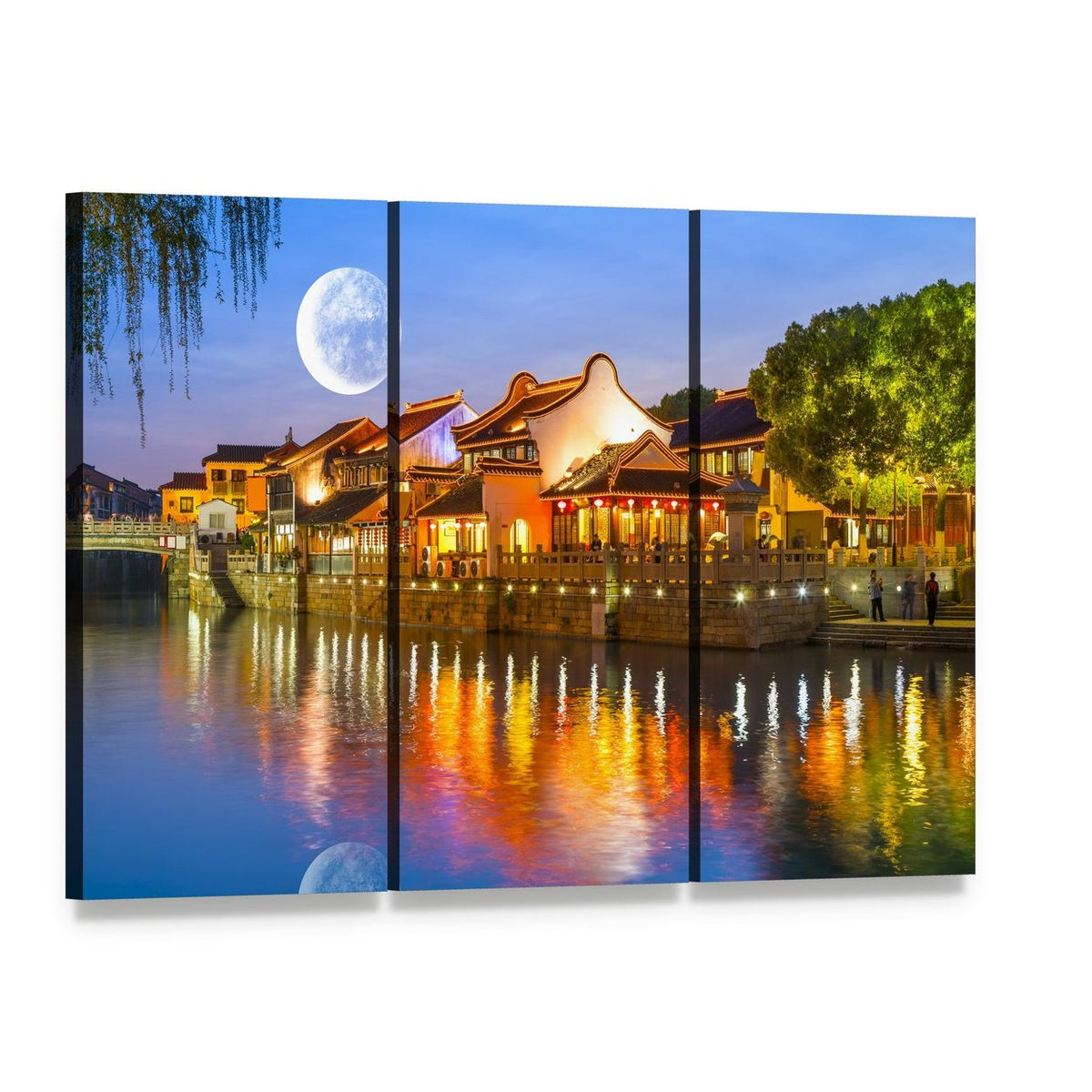 Suzhou Ancient Town Moonlit River Canvas Wall Art, 3 panel 3 Horizontal layout gallery wrapped canvas set, angled product view