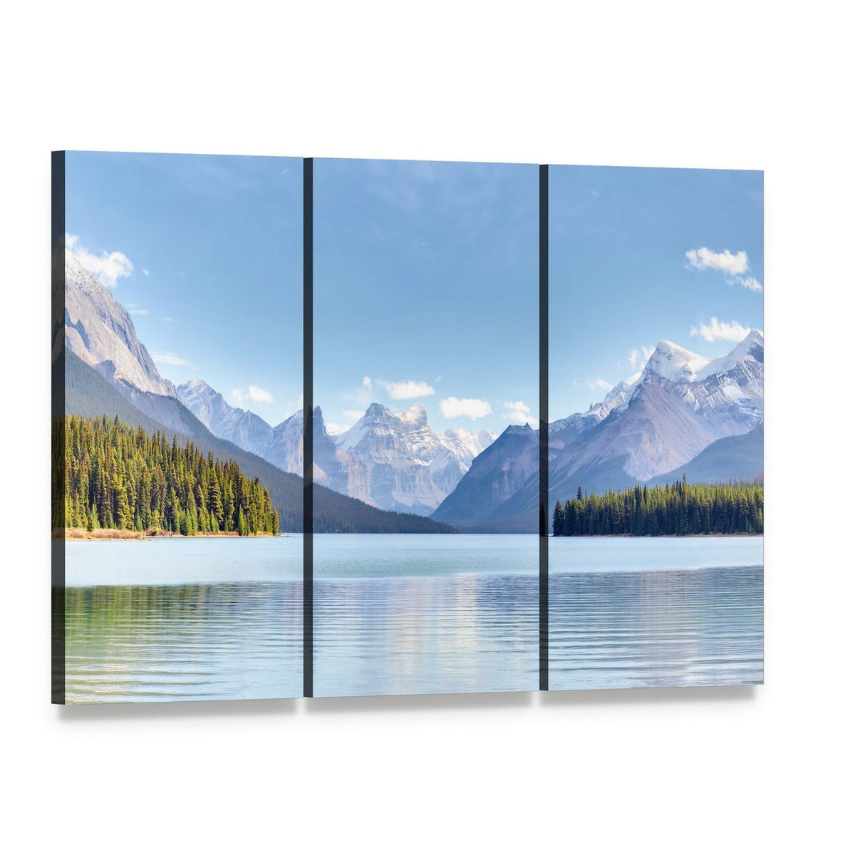 Maligne Lake, Canada Canvas Wall Art, 3 panel 3 Horizontal layout gallery wrapped canvas set, angled product view