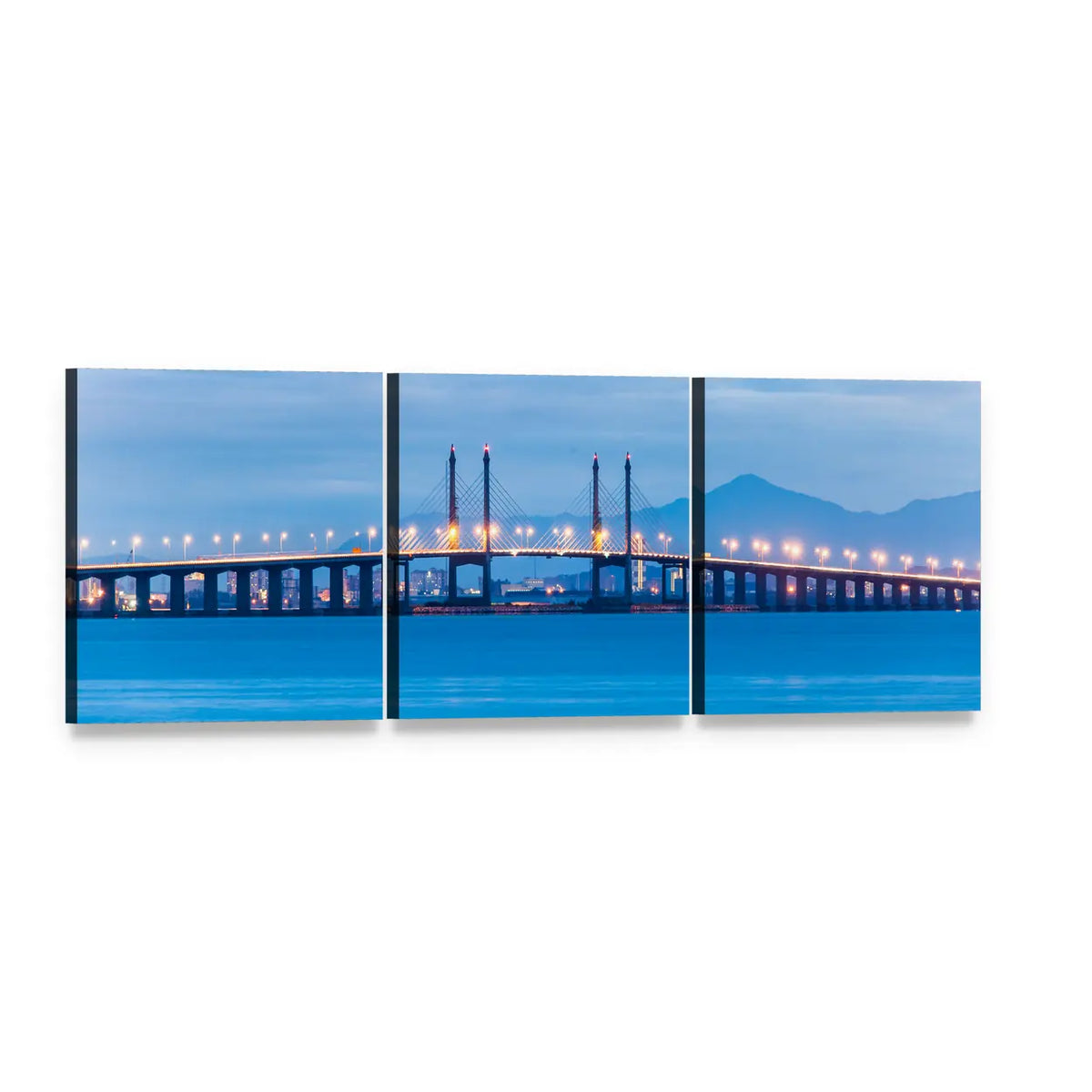 Penang Bridge at Dusk Panoramic Canvas Wall Art, 3 panel 3 Piece layout gallery wrapped canvas set, angled product view