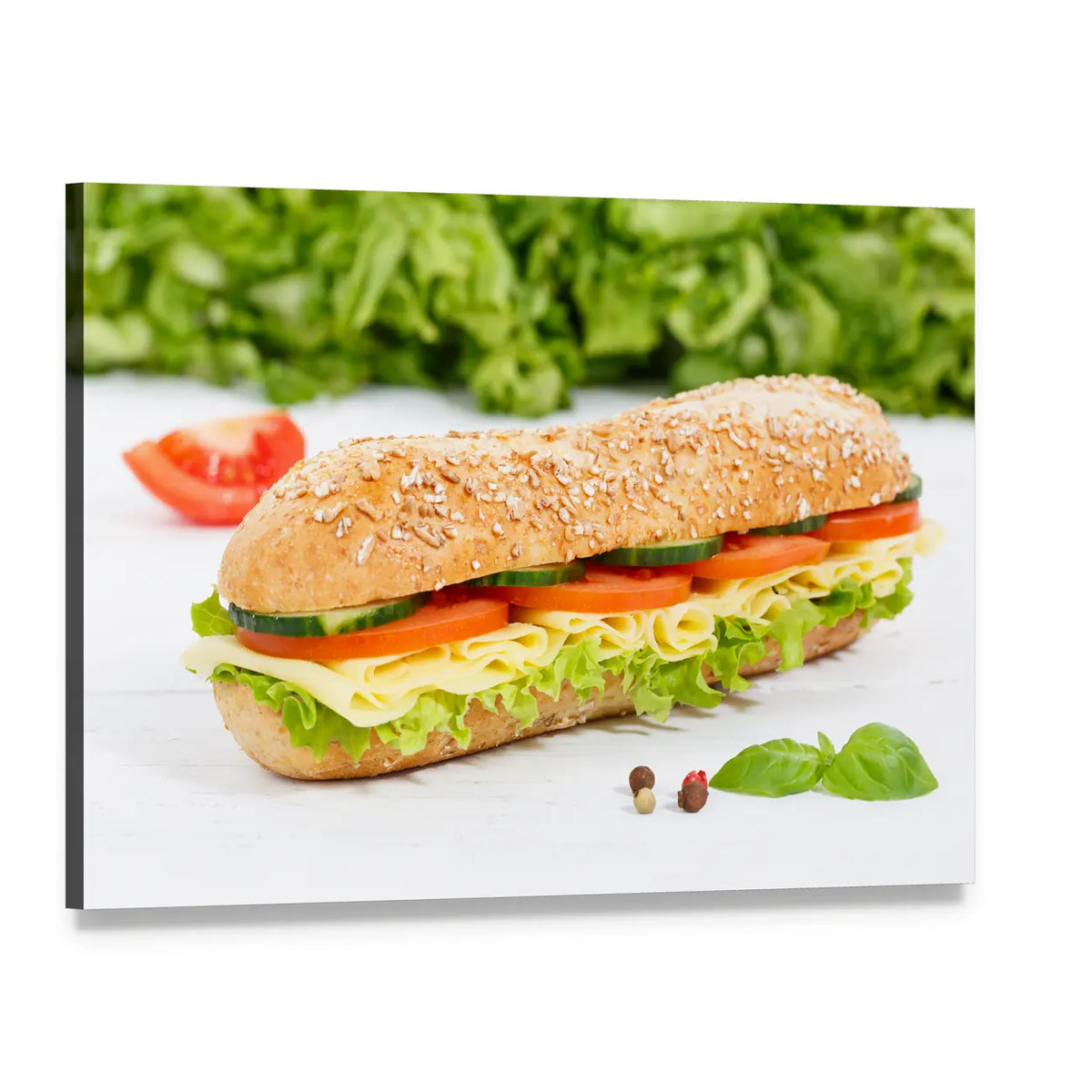 Whole Grain Sub Sandwich with Cheese Canvas Wall Art, single panel gallery wrapped canvas, angled product view