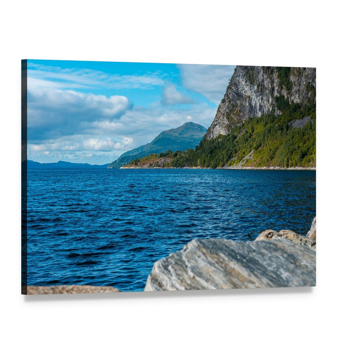 Volda Fjord with Mountains Canvas Wall Art, single panel gallery wrapped canvas, angled product view