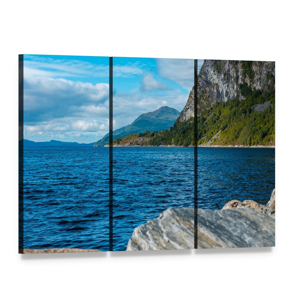 Volda Fjord with Mountains Canvas Wall Art, 3 panel 3 Horizontal layout gallery wrapped canvas set, angled product view
