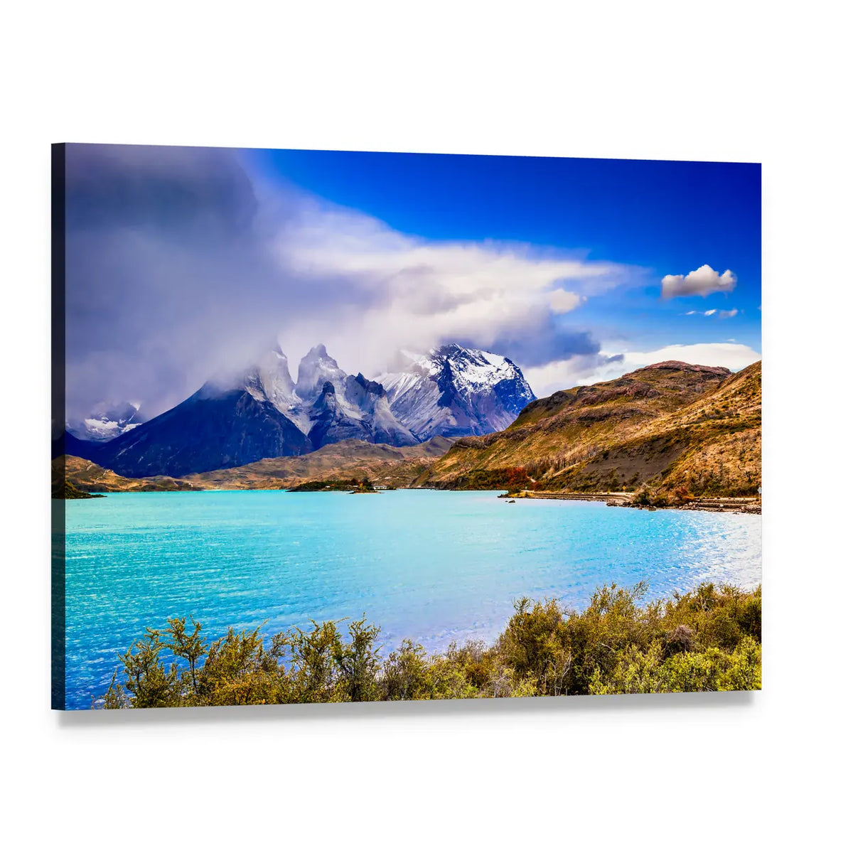 Torres Del Paine Turquoise Lake and Peaks Canvas Wall Art, single panel gallery wrapped canvas, angled product view
