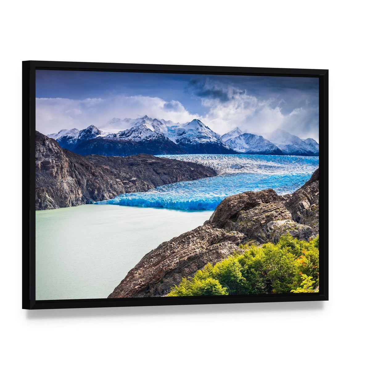 Grey Glacier in Chile Canvas Wall Art, framed canvas in a black floater frame, angled product view