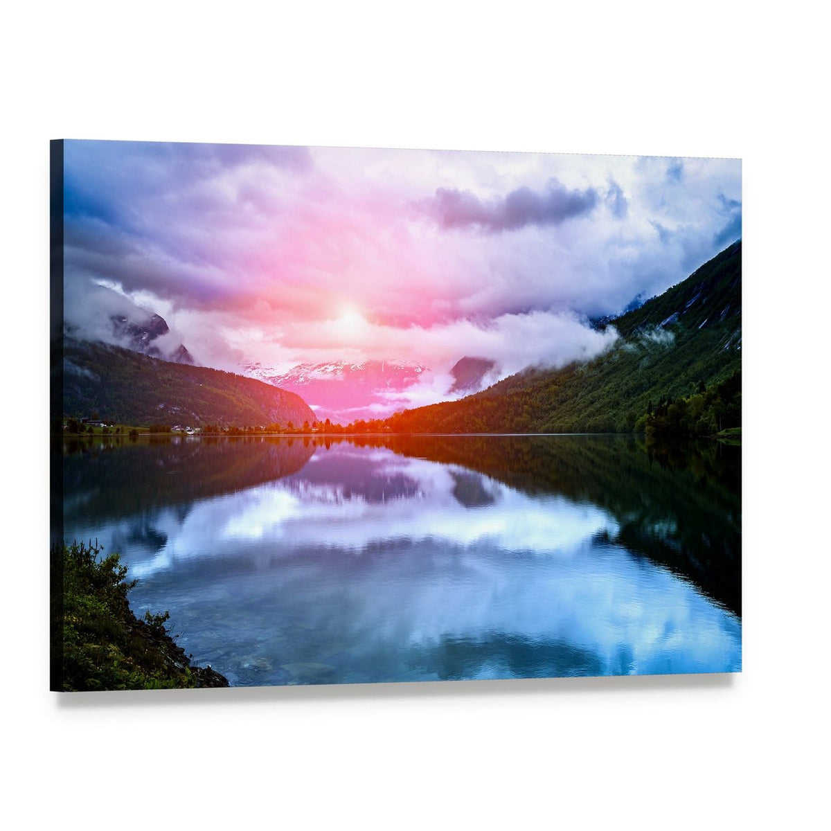 Norwegian Lake at Sunset Canvas Wall Art, single panel gallery wrapped canvas, angled product view