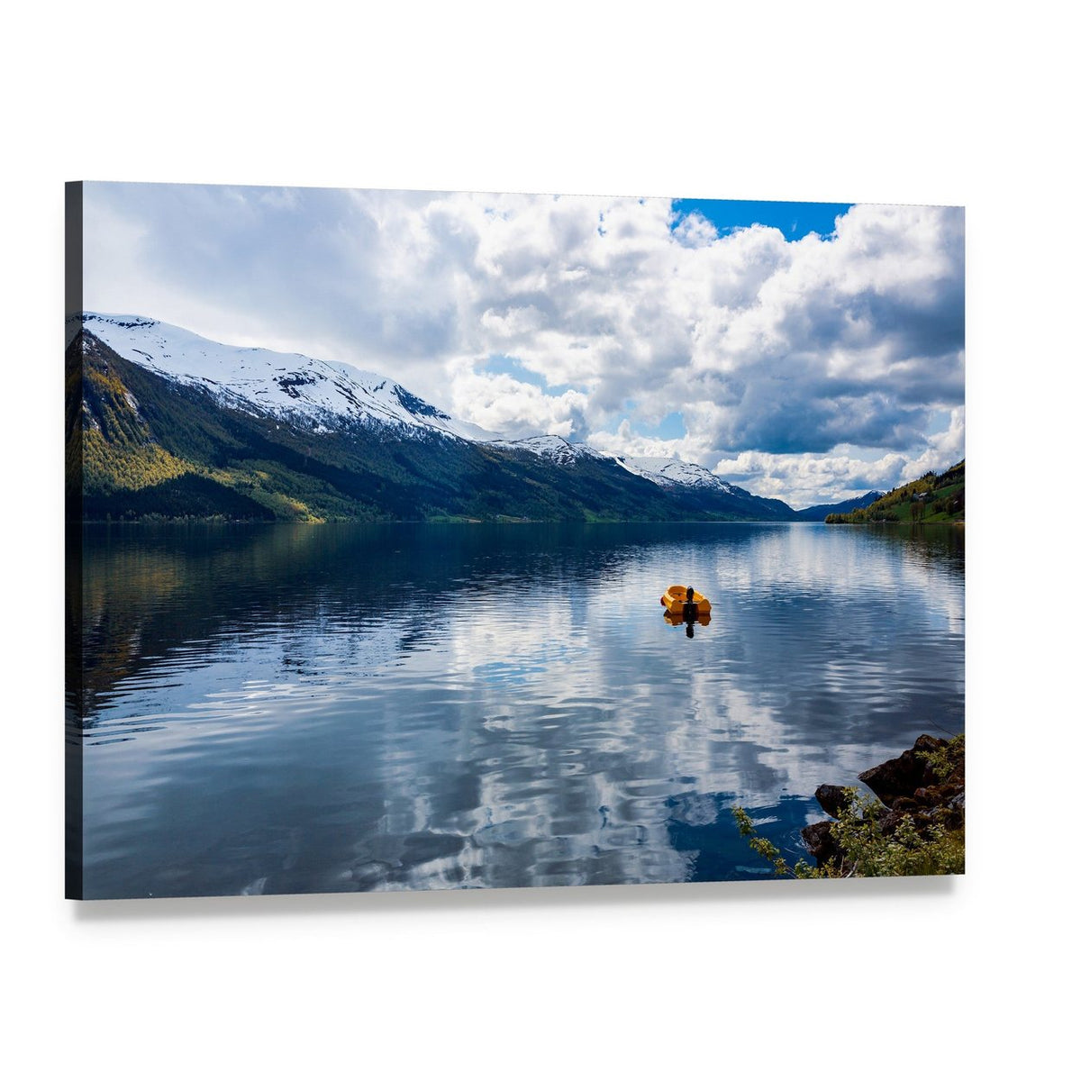 Lake in Norway with Snow-capped Mountains Canvas Wall Art, single panel gallery wrapped canvas, angled product view