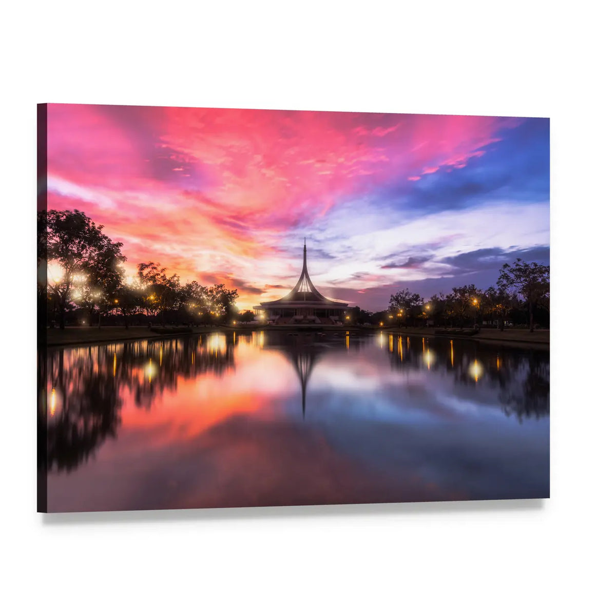 Pavilion Over Lake at Sunset Canvas Wall Art, single panel gallery wrapped canvas, angled product view