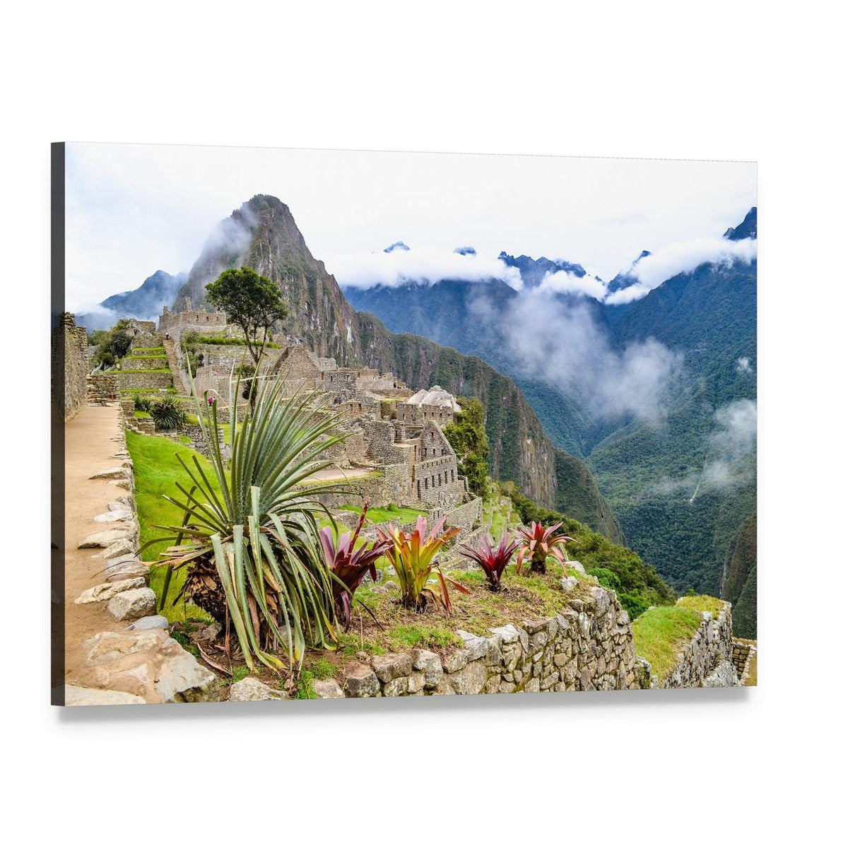 Machu Picchu Misty Andean Ruins Canvas Wall Art, single panel gallery wrapped canvas, angled product view