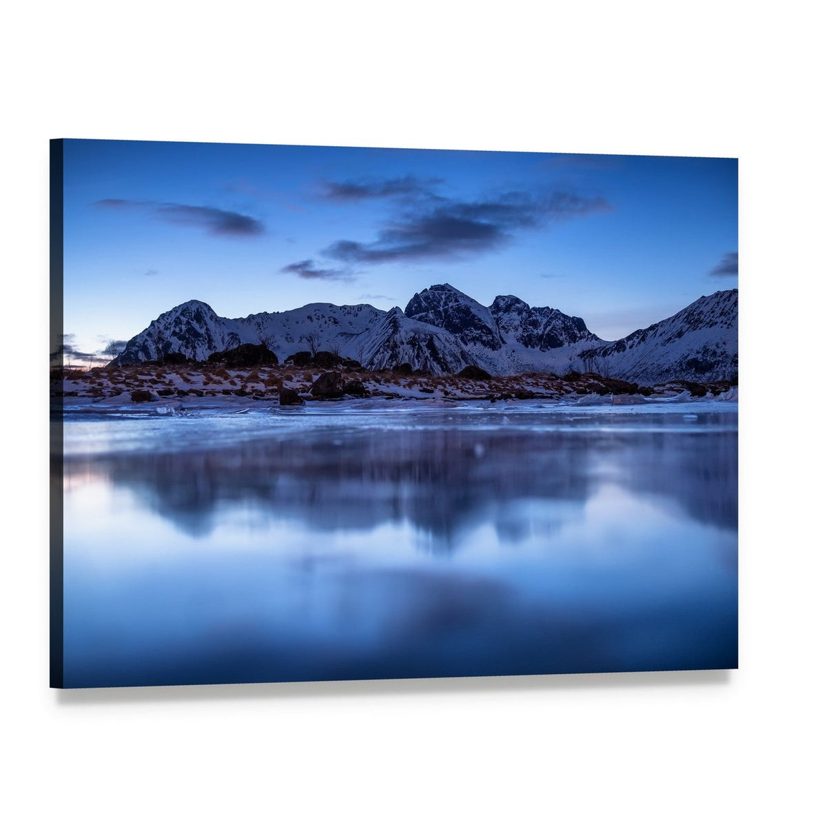 Snow-dusted Ridge and Icy Lake Canvas Wall Art, single panel gallery wrapped canvas, angled product view