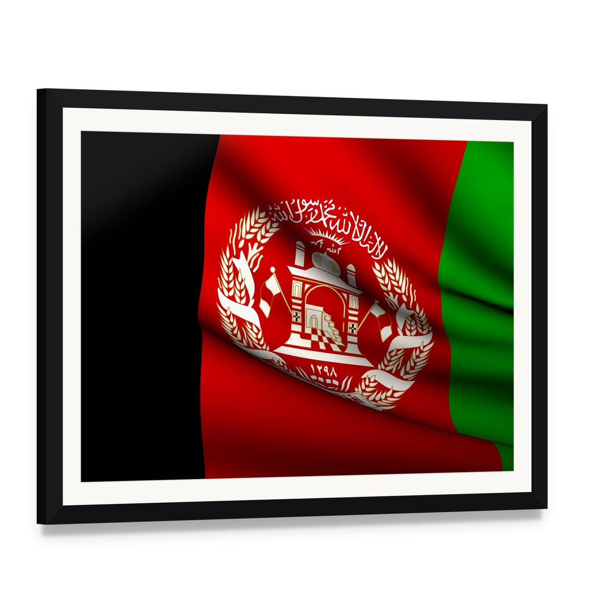Afghanistan Flag with 1928 Emblem Canvas Wall Art, framed print with white mat and black frame, angled product view