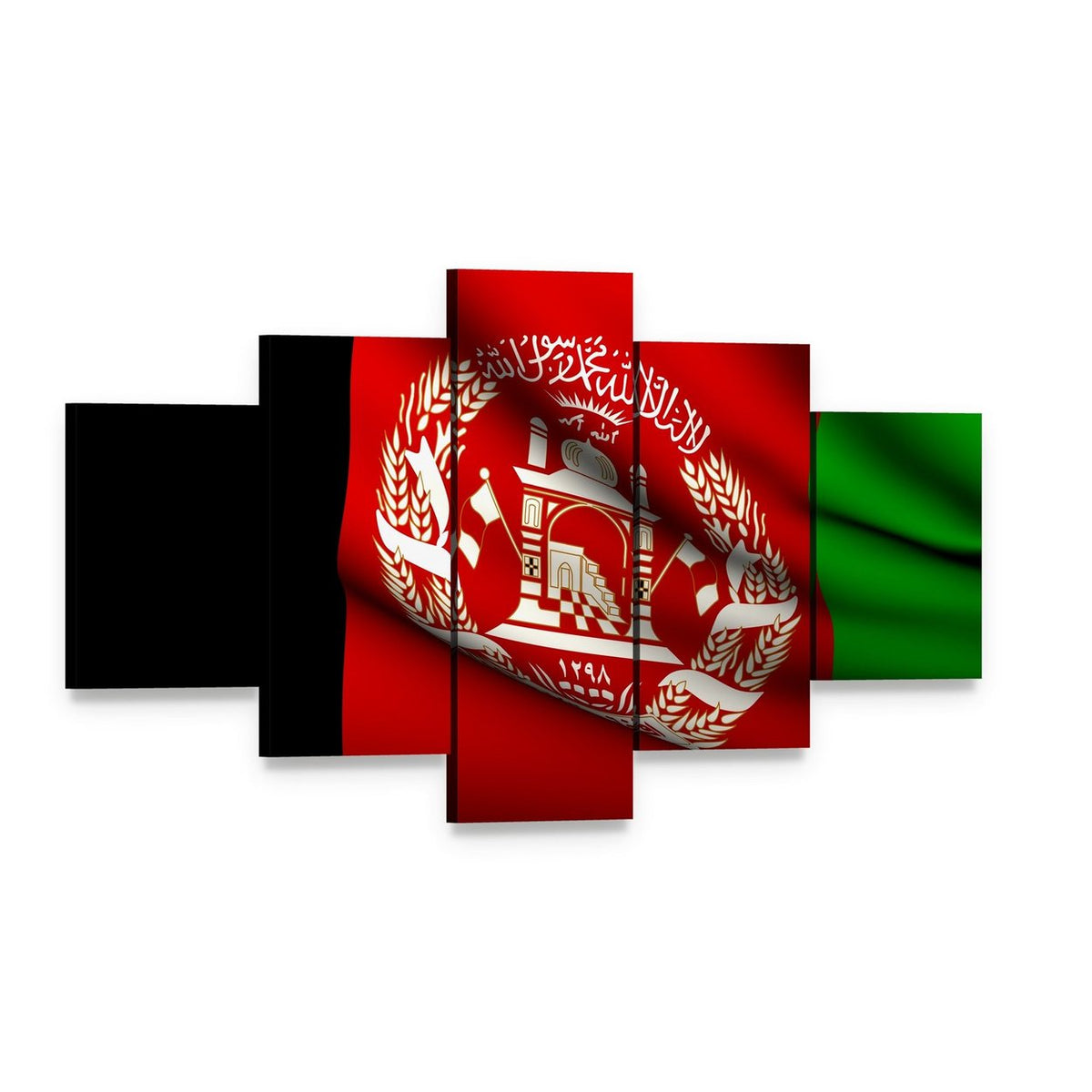 Afghanistan Flag with 1928 Emblem Canvas Wall Art, 5 panel 5 Star layout gallery wrapped canvas set, angled product view