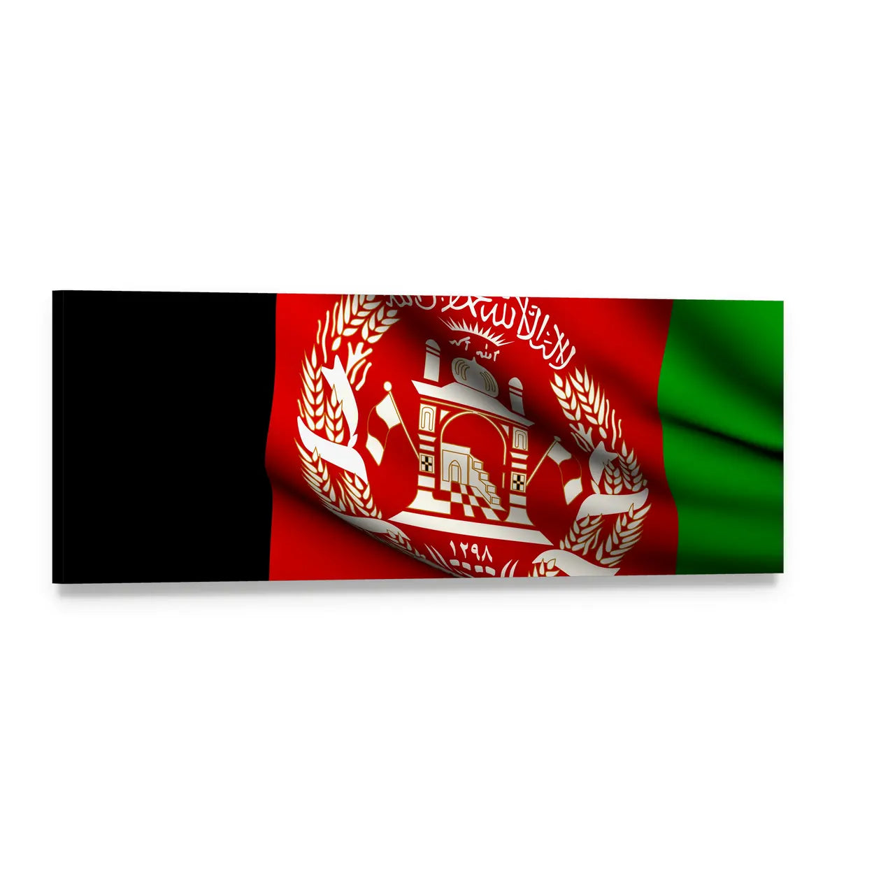 Waving Afghanistan Flag with National Emblem Panoramic Canvas Wall Art, single panel gallery wrapped canvas, angled product view