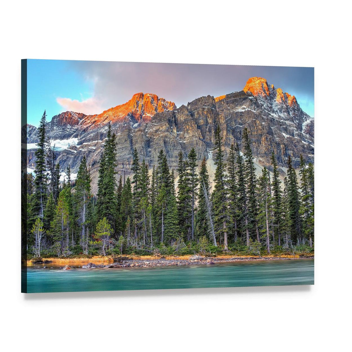 Bow Lake at Sunrise Canvas Wall Art, single panel gallery wrapped canvas, angled product view