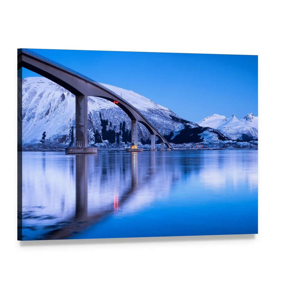 Bridge Reflection on Water Canvas Wall Art, single panel gallery wrapped canvas, angled product view