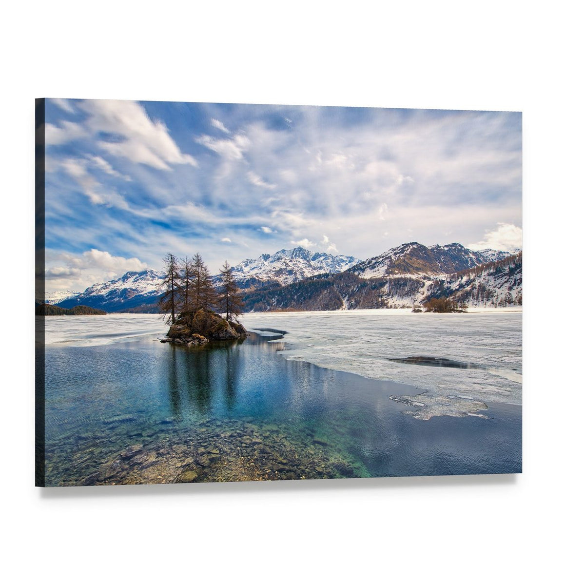 Engadine Valley Snow-capped Mountains and Lake Canvas Wall Art, single panel gallery wrapped canvas, angled product view