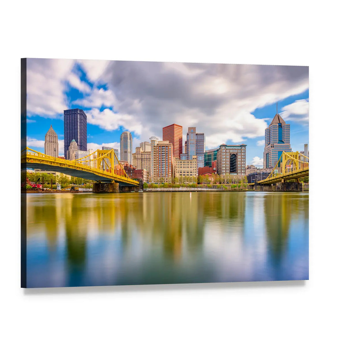 Pittsburgh Skyline with Yellow Bridges Canvas Wall Art, single panel gallery wrapped canvas, angled product view