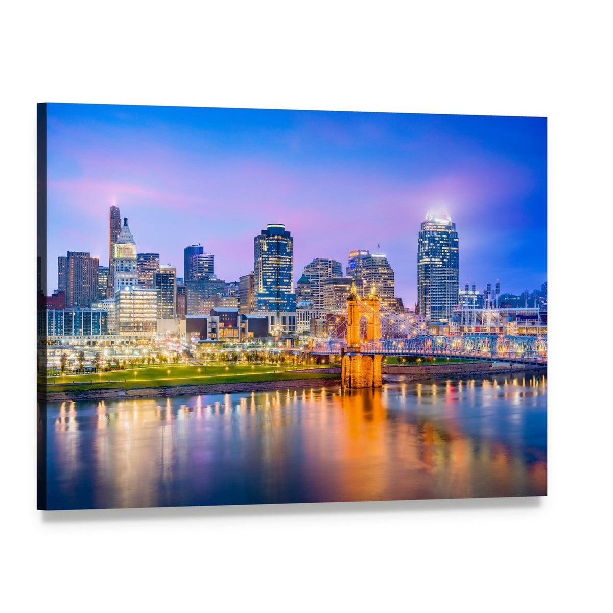 Cincinnati Skyline on River Canvas Wall Art, single panel gallery wrapped canvas, angled product view