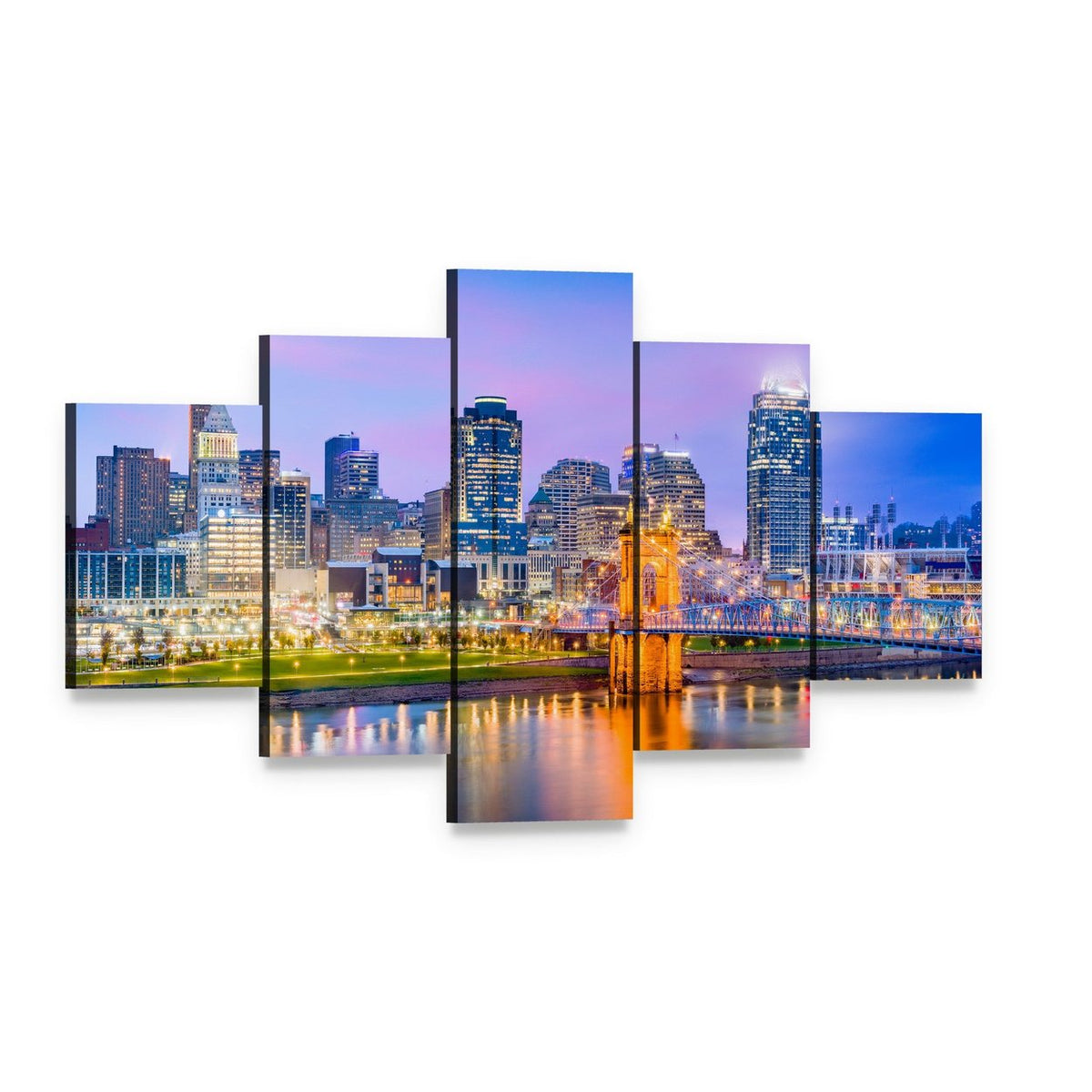 Cincinnati Skyline on River Canvas Wall Art, 5 panel 5 Star layout gallery wrapped canvas set, angled product view