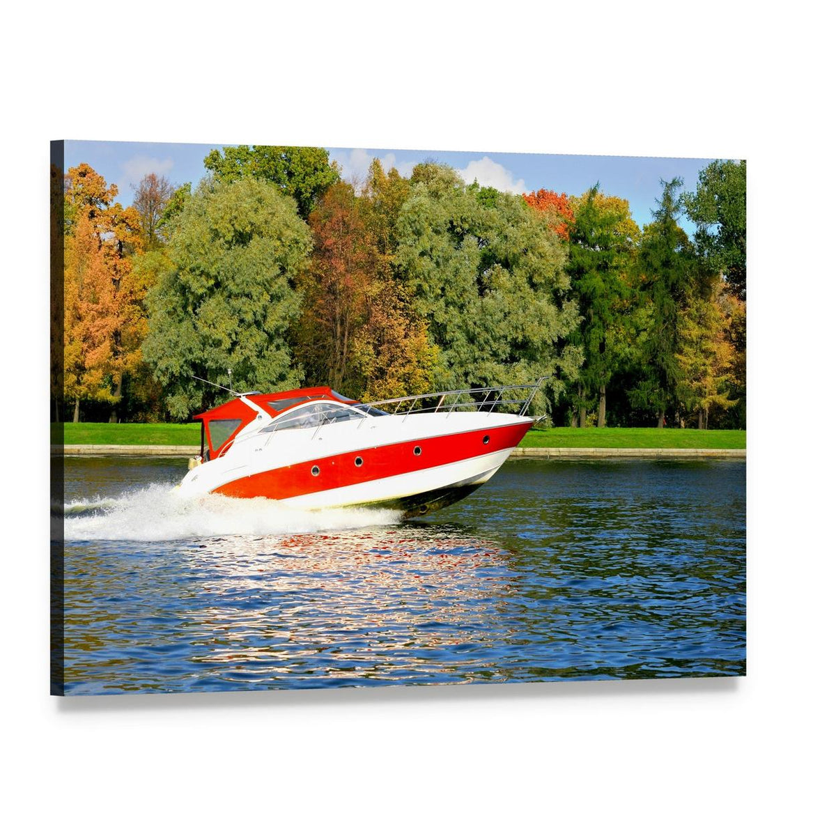 Speed Boat on Vibrant Water Canvas Wall Art, single panel gallery wrapped canvas, angled product view