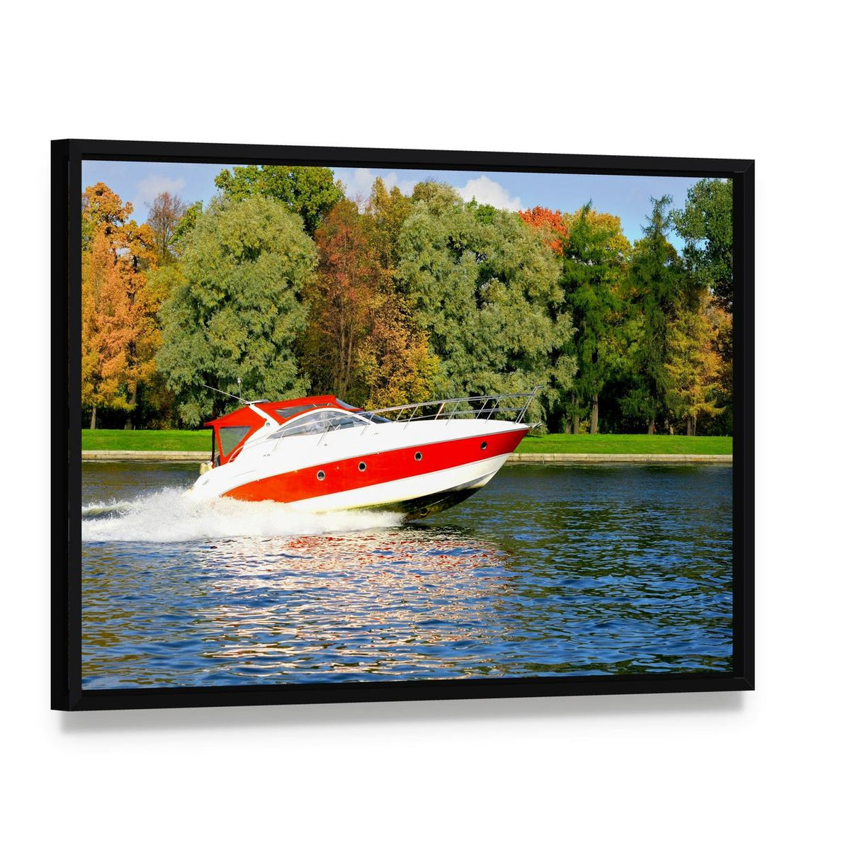 Speed Boat on Vibrant Water Canvas Wall Art, framed canvas in a black floater frame, angled product view