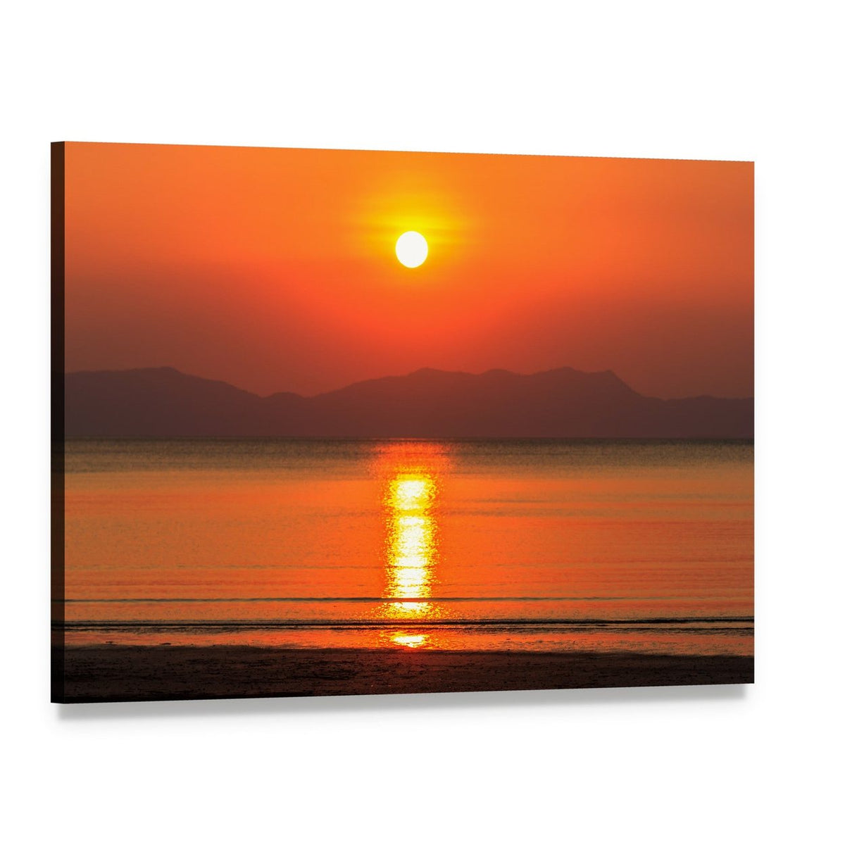 Beach Sunset Over Ocean and Mountains Canvas Wall Art, single panel gallery wrapped canvas, angled product view