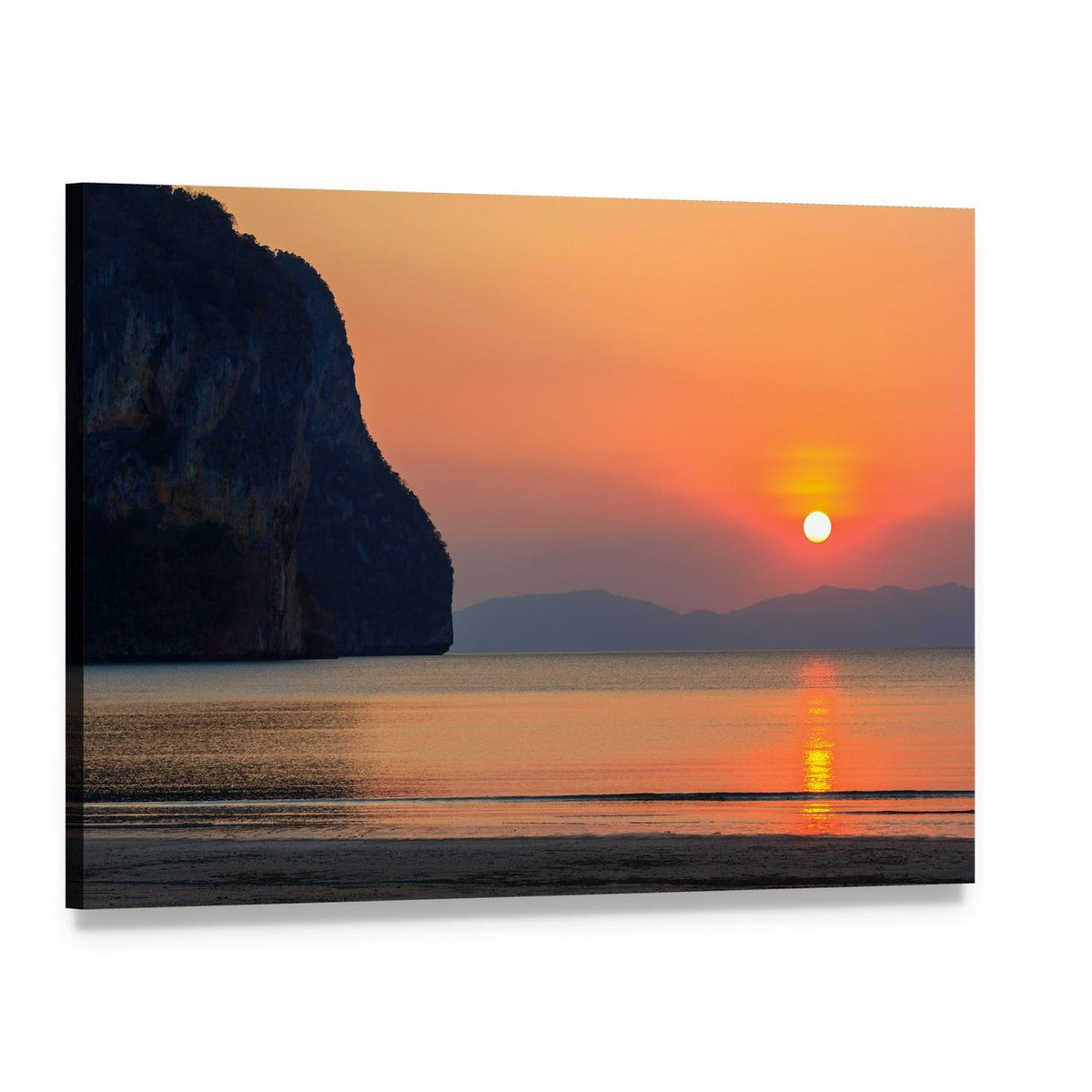 Sunset Over Beach and Cliff Canvas Wall Art, single panel gallery wrapped canvas, angled product view