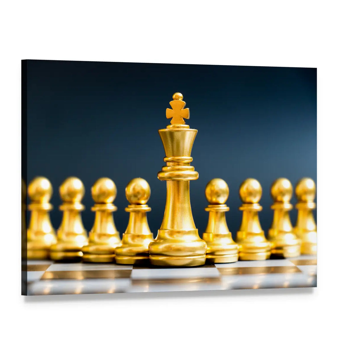 Gold King and Pawns on Chessboard Canvas Wall Art, single panel gallery wrapped canvas, angled product view